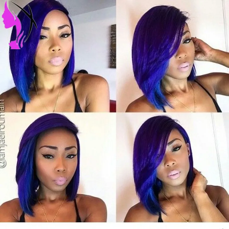 Stock natural look two tone ombre short wigs for women Blue color lace front bob wig heat Synthetic Hair free shipping