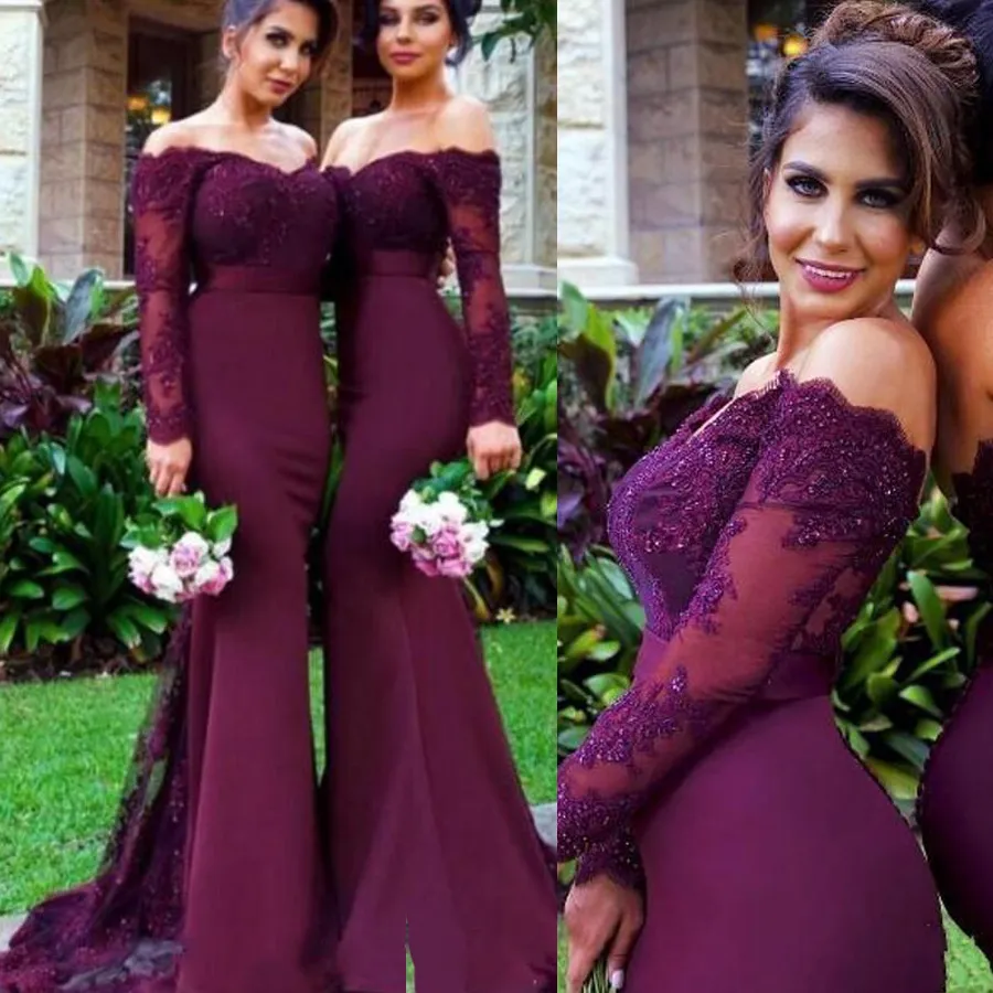 Glamorös bröllop Gästklänning Burgundy Långärmade Sleeves Mermaid Bridesmaid Dresses Pärlor Lace Appliques från Shoulder Maid of Honor Gowns