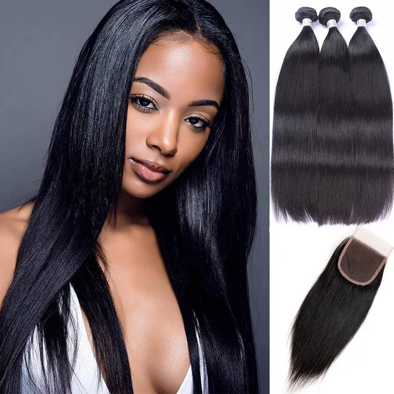 Extensions de cheveux humains non transformés péruviens 3 faisceaux avec fermeture à lacet 4X4 cheveux raides vierges couleur naturelle soyeux trames de cheveux raides