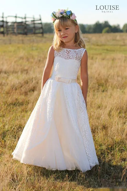 Elegant Full Lace Flower Girl Dresses 2017 Junior bridesmaid Dresses floor length Kids Party Prom Dress with bow sash child Formal Dresses