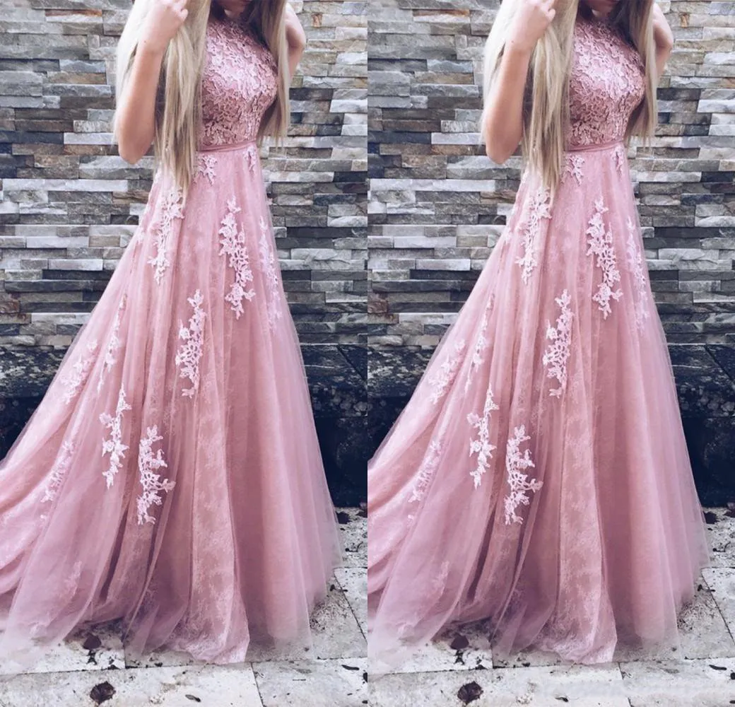 2020 Abiti da sera lunghi Una linea Appliques Pizzo senza maniche con cintura Blush Pink Abiti formali Abito da ballo Abito da festa Spedizione veloce gratuita