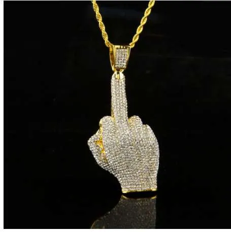 Mężczyźni Kobiety Złoty Pełny Rhinestone Duży Środkowy Palec Naszyjniki Bling Crystal Łańcuchy Vogue Jewelry Gifts Hip Hop Wisiorki