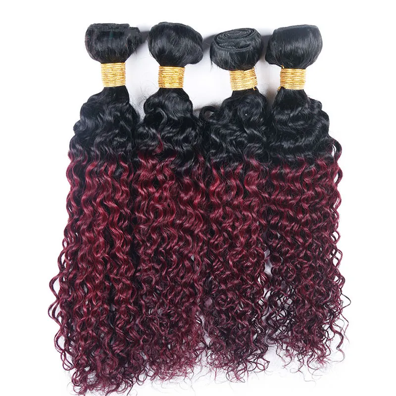 Non trasformati 1B / 99J Ombre Weave 4 pacchi Capelli vergini brasiliani ricci crespi Trame di capelli rosso vino scuro 10-26 pollici Estensione di tessuti di capelli umani