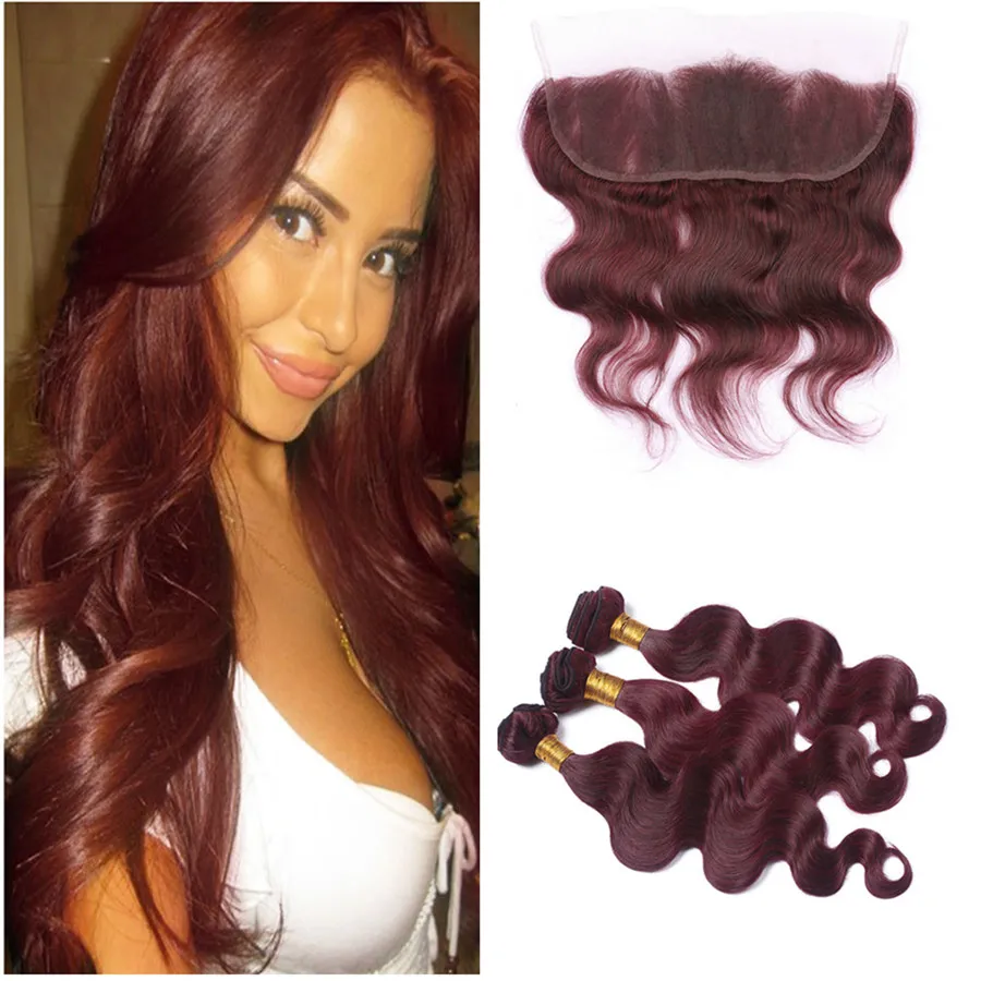 Fasci di capelli rosso bordeaux con chiusura frontale colore 99J capelli umani brasiliani 3 pacchi con pizzo frontale vino rosso onda del corpo capelli tesse