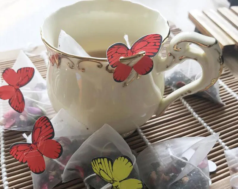 Пустой нейлоновый чайный пакетик с веревкой, термосвариваемая фильтровальная бумага, свободные чайные пакетики, ситечко для заварки, этикетка-бабочка, 5,8*7 см F202467
