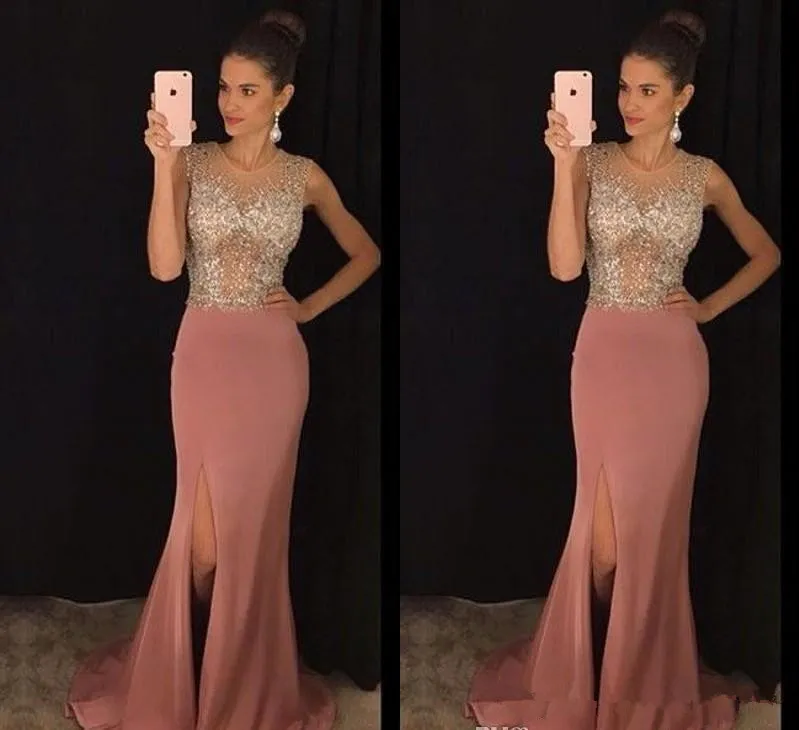 Pink Side Split Evening Party Gowns Mermaid Long Sheer Jewel Neck Sequins Prom Pageant Gowns for Arabic Women Crystals Beaded Formal M28