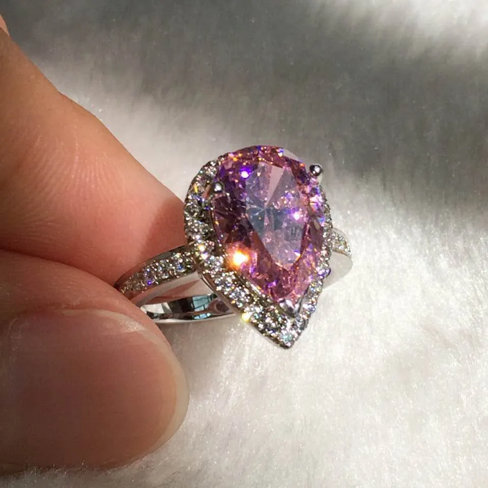 Марка ювелирных изделий груша вырезать розовый камень 5а Циркон камень 925 стерлингового серебра обручальное кольцо для женщин США размер 5-11 подарок
