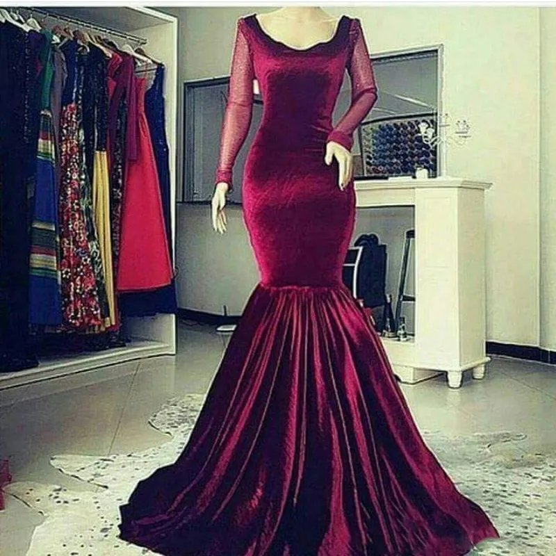 Burgundy Velvet Long Prom Dresses Sheer Long Sleeves Scoop Neckline Evening Gowns Zipper Back Mermaid Saudi Arabic Formal Party Dress