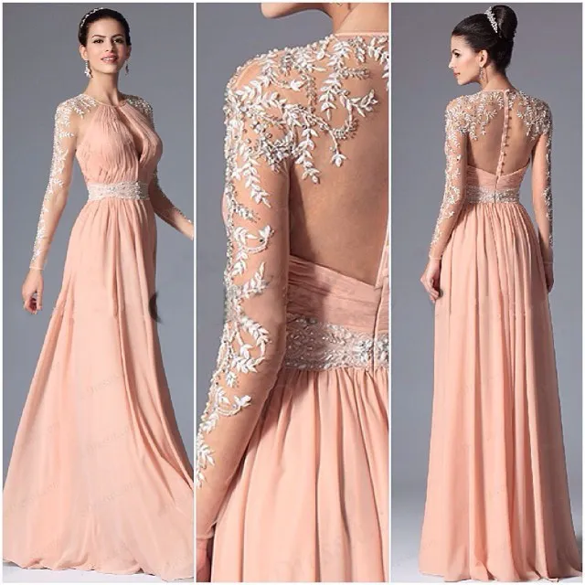 Sexy Peach Long Sleeve Evening Dresses 2020 Illusion Beaded Lace Key Hole Party Gowns Semi Formal Dress Long Prom Dresses for Women USA UK