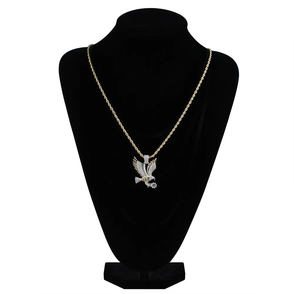 Hip Hop Gold Color Plated Copper Iced Out Micro Paved CZ Eagle Pendant Necklace Men Charm Jewelry Three Style Chains