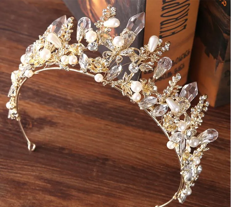 新しいファッションヘッドドレスクリスタルクラウンブラッドプリンセス結婚式ゴールドと真珠バロッククラウンヘアアクセサリー
