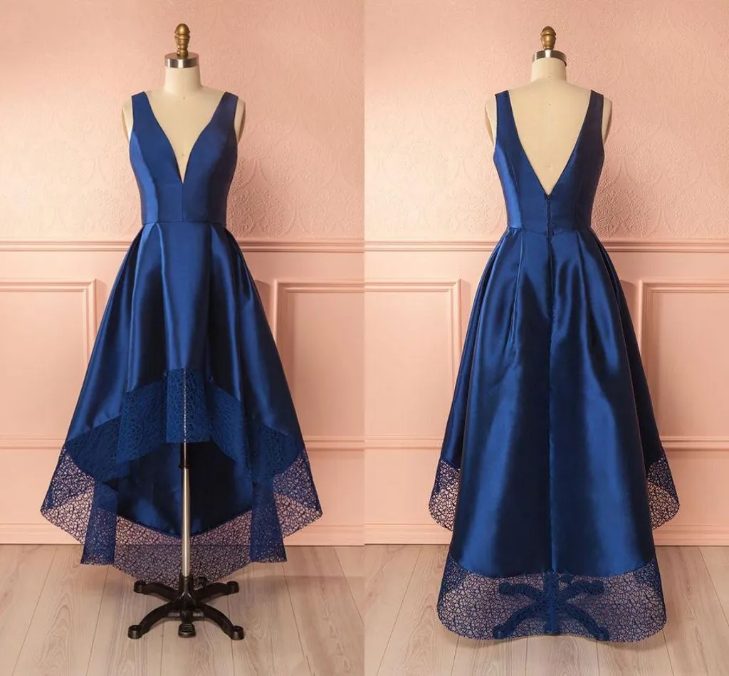 Navy Blue 2022 New High Low Cocktail Prom Dress Backless Cheap Jewel Neck Lace Short Front Long Back Stylish Homecoming Graduation Dresses