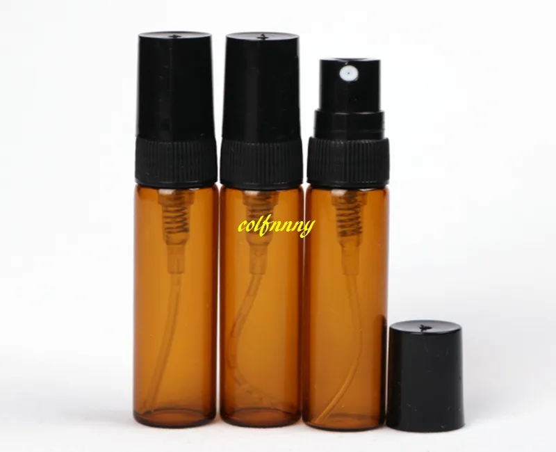 50 sztuk / partia Darmowa Wysyłka 5ml Amber Szkło Spray Bottle 5ml Brown Emtpy Refillable Perfume Butelki Czarna plastikowa czapka