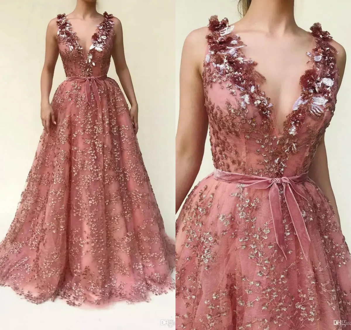 Robes de bal féeriques col en V appliqué paillettes une ligne balayage train ceinture arc pas cher robe d'occasion spéciale robes de soirée sur mesure