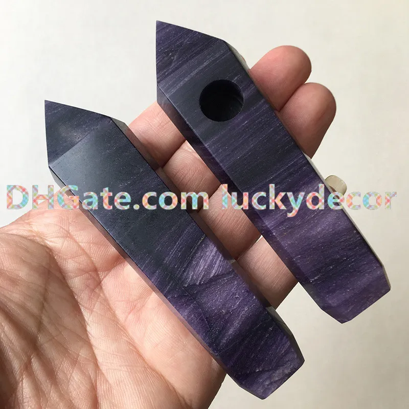 Crown Chakra Opened Fluorite Crystal and Stones Pipe Natural Quartz Pipe Fluorite Dark Purple Gemstone Healing Smoking Pipe Hot Sale