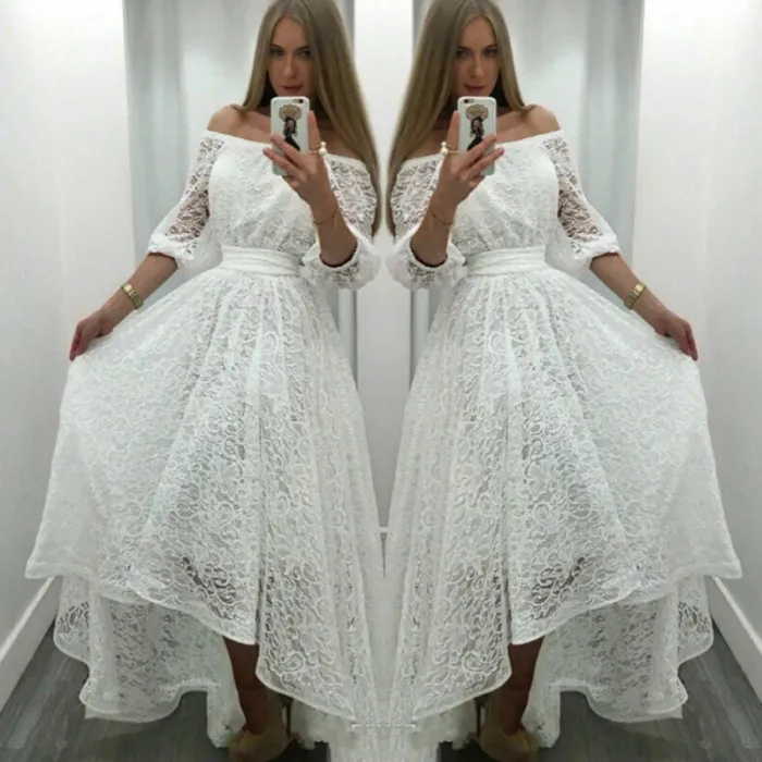 Elegant Vit Lace Prom Klänningar 2018 från axeln Halvmagare Kvällar Hög Låg Formell Party Klänning Billiga Bridal Vestidos