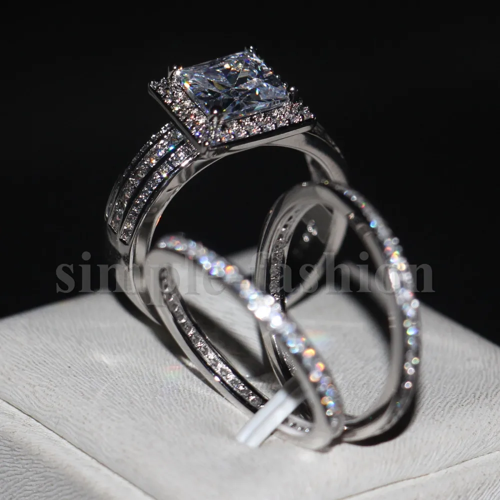 Luxury Men women Fashion ring Princess cut 3ct 5A zircon cz 925 Sterling silver Couple Engagement Wedding Band Ring set