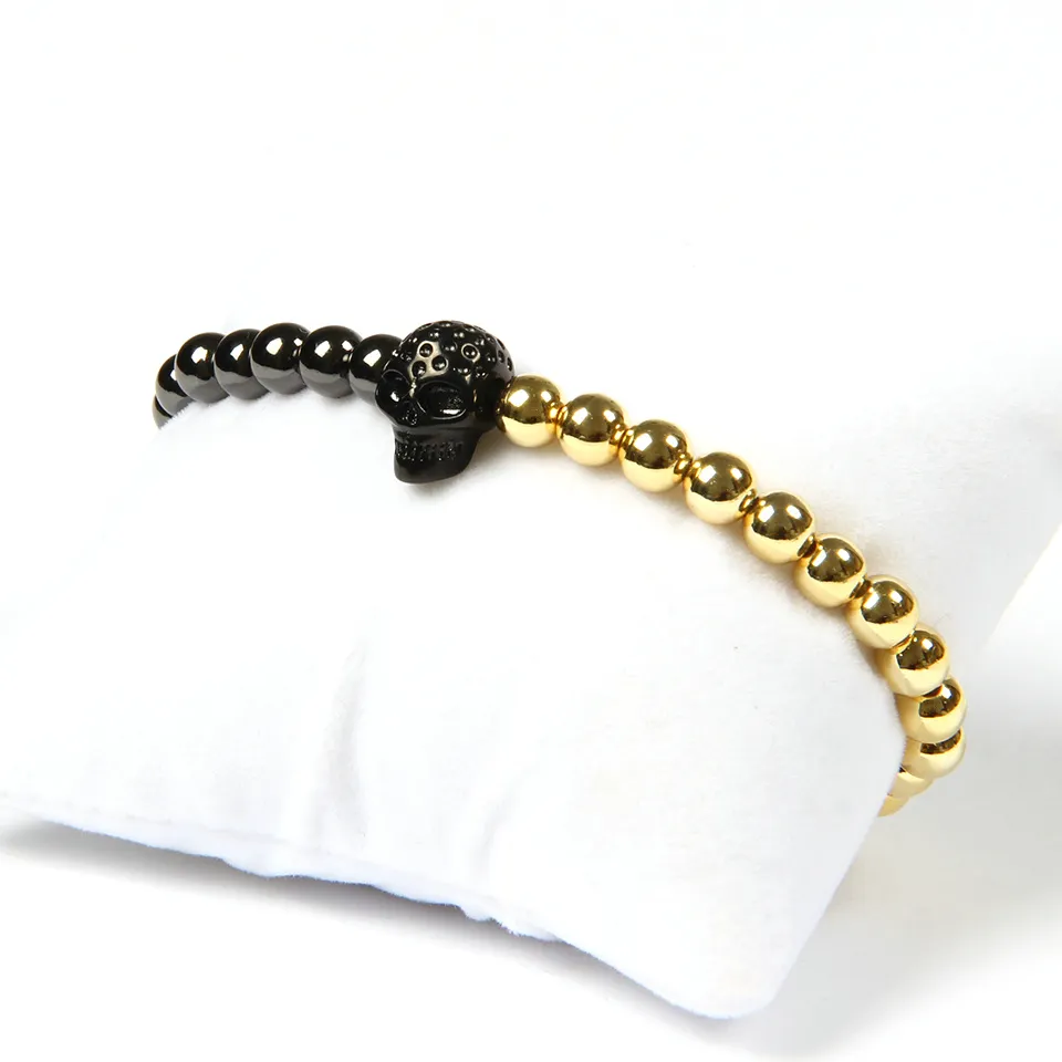 1 st ny design Högkvalitativa smycken 6mm högkvalitativa pläterade mässingspärlor med rostfritt stål skalle armband för personliga män