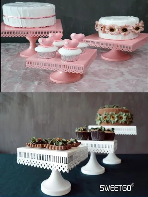 Pink and White Colors square Openwork Lace metal Cupcake stands wedding party cupcake