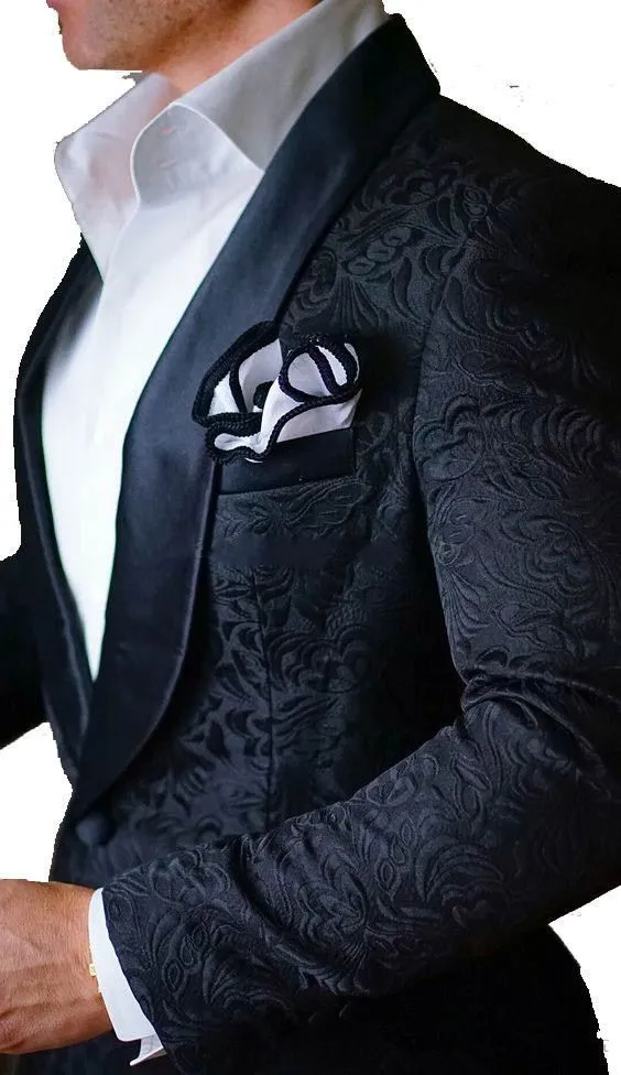 Ultimo disegno One Button Nero Paisley Scialle Risvolto Smoking dello sposo da sposa Uomo Abiti da sposo Groomsmen (giacca + pantaloni + cravatta) K31