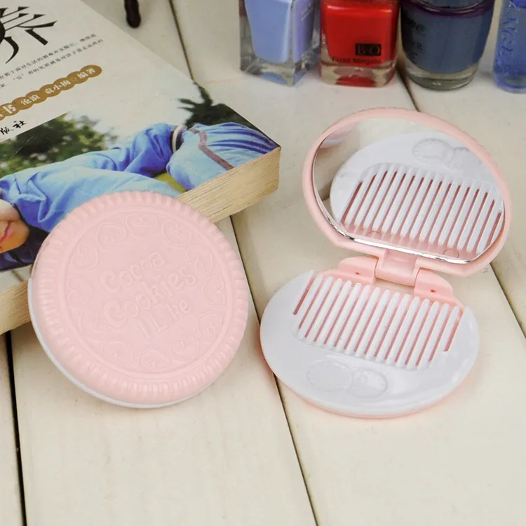 Cute Chocolate Cookie Shaped Design Makeup Mirror with Comb Lady Women Makeup Tool Pocket Mirror Home Office Use