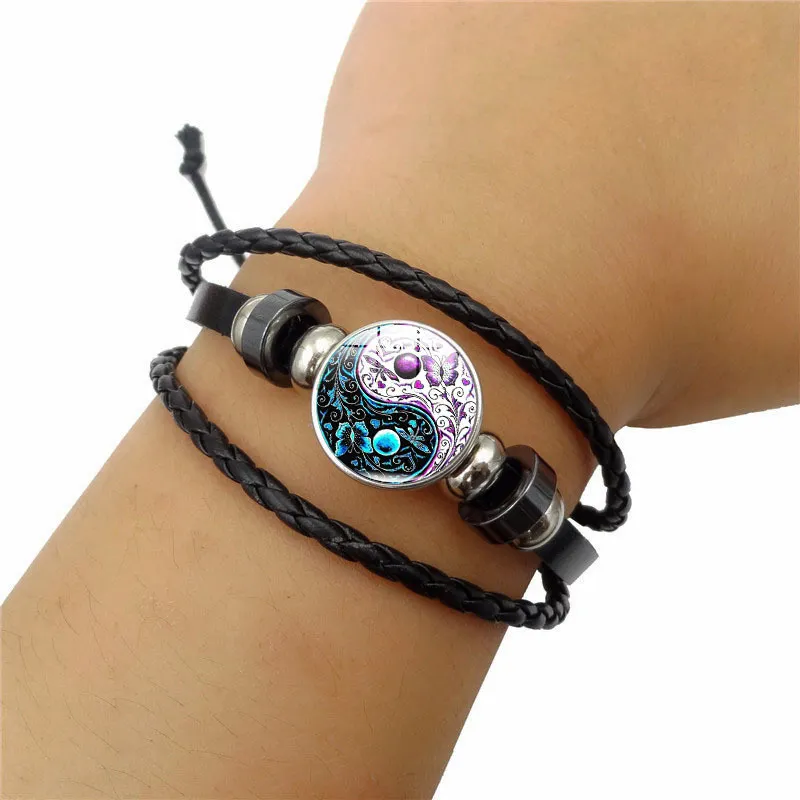 Pulsera con dije de gema del tiempo, cadena de mano de mariposa colorida con gato chino Yin-Yang tai chi, pulsera de cuentas tejidas multicapa