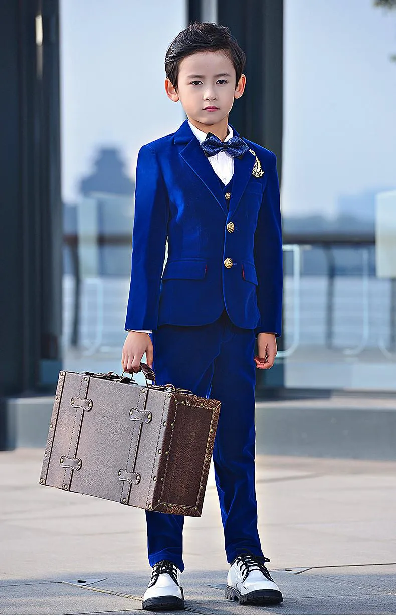 New Fashion Blue Velvet Boy Formal Wear Handsome Boy Kid Attire Wedding Blazer Birthday Party Prom Suit(jacket+pants+tie+vest ) 24