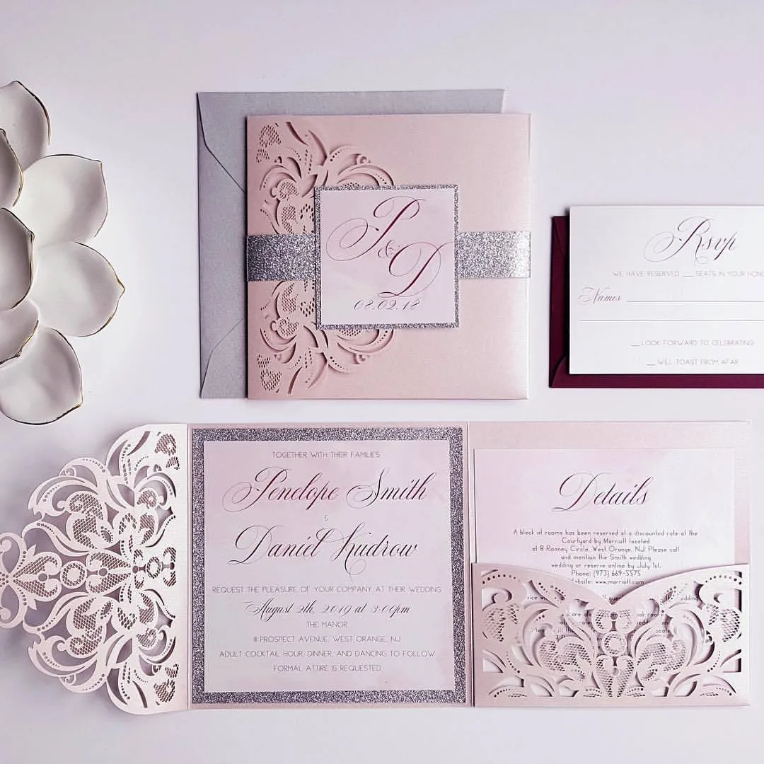 Luxury Tri-folded Blush Pink Customized Laser cut Handmade Wedding Invitation Cards Envelopes From China RSVP Printing