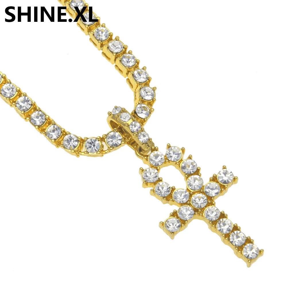 Mens Iced Out Hip Hop Gold Artificial Diamond Ankh Lab Diamond 1 Row Tennis Chain 24 Inch Bling Jewelry1551345