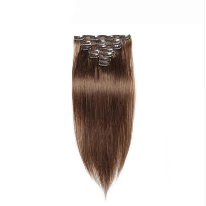 10inch-24inch Brazilian Remy Hair Clip in Human Hair Extensions 100 Gram 8 Light Brown