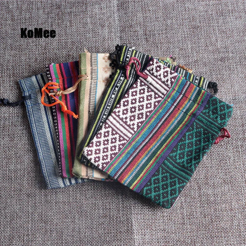 Bolsas nuevas, 50 Uds., multicolor, rayas, tribu Tribal, cordón, bolsas de regalo para joyería, tela de algodón, estilo étnico chino, 9x13cm52673443995140