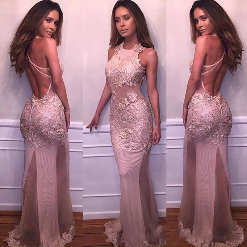 Dusty Rose Lace Applique Halter Neck Mermaid Sexy Prom Dresses