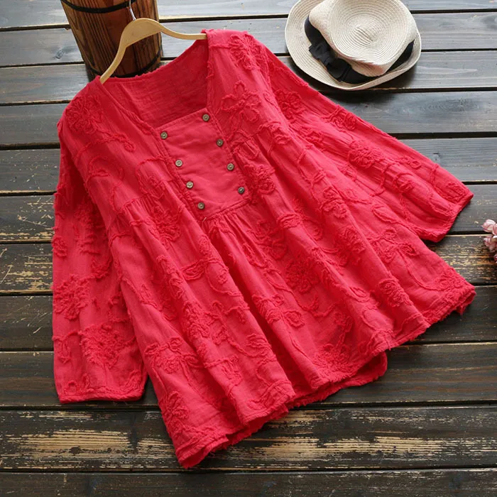 Nuova camicetta rossa con ricamo Donna Top in cotone con maniche a nove quarti 2018 Casual Dolce Solido Colletto quadrato Camicie da donna Femme Camisa