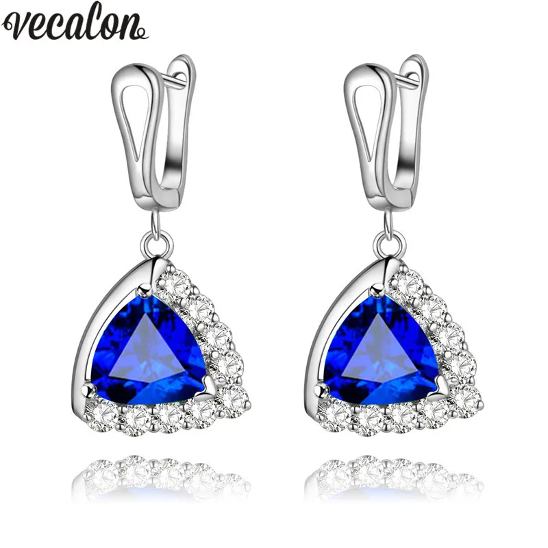 Vecalon Women Dangle earring Triangle cut 2ct Diamond Cz 925 Sterling silver Party wedding Drop Earrings for women