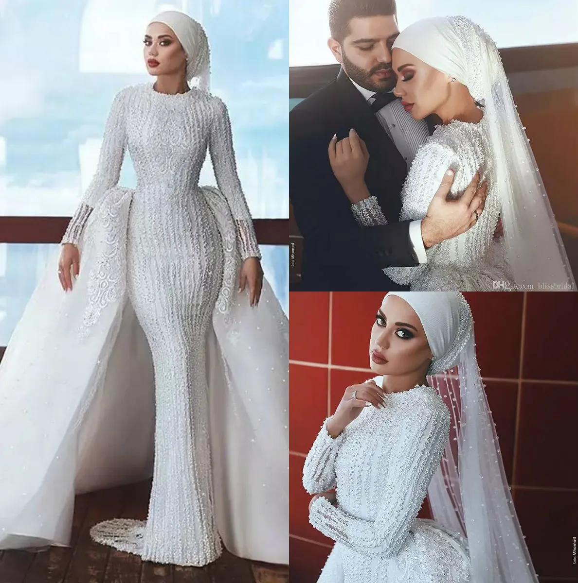 Luxe met lange mouwen zeemeermin trouwjurken met oversokken juweel nek moslim bruidstoga Dubai Arab Vestidos plus size