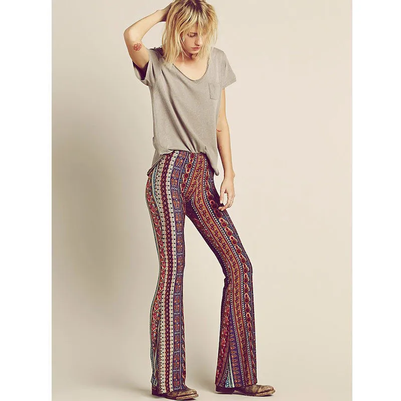 Femmes pantalons d'été Vintage décontracté cloche bas pantalon Paisley imprimé salon Stretch Hippie Boho pantalon 2016 vente chaude