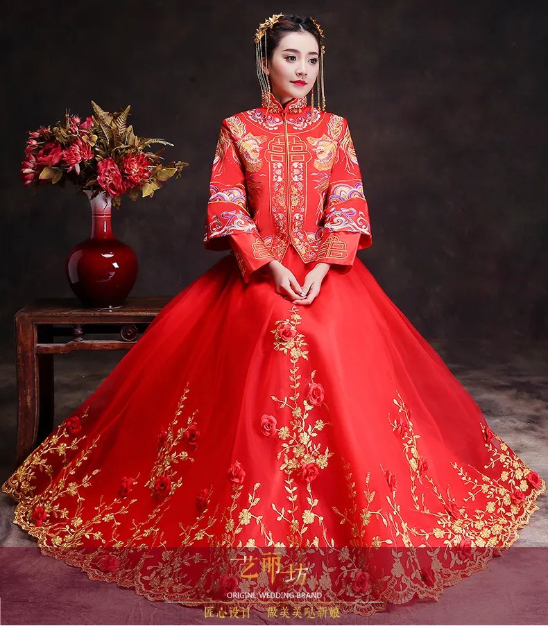 Vår Traditionell Show Bride Dress Suzhou Broderi Långärmad Kinesisk stil Bröllop Cheongsam Aftonklänning Röd Vintage Dragon Rose Gown