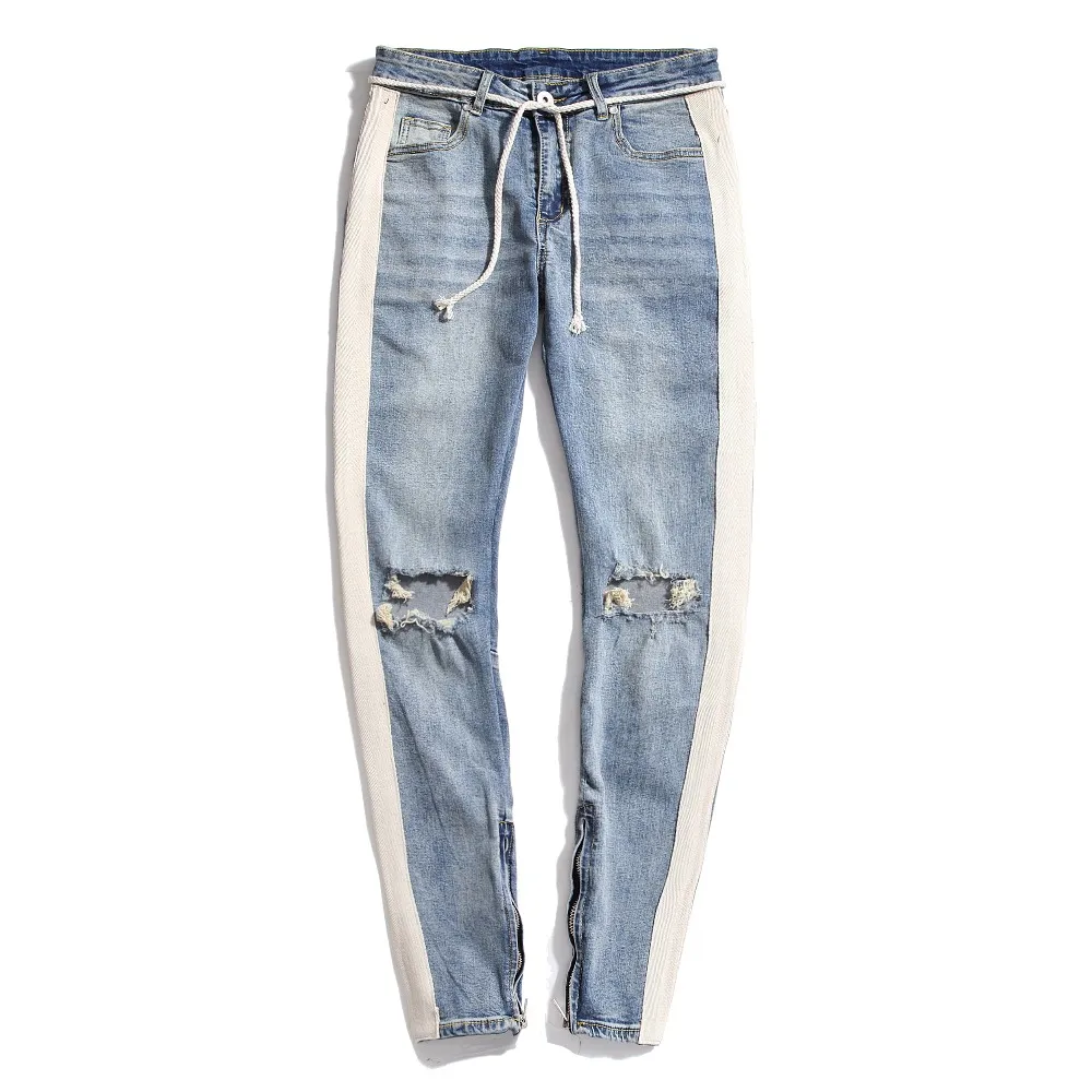 REPPUNK 2018 neue Knie Loch Seitlichem Reißverschluss Schlank Distressed Jeans Männer Zerrissene persönlichkeit streetwear hiphop männlichen streifen denim pants241Z