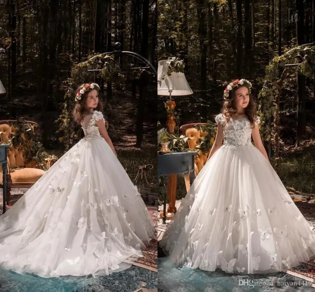 Blumenmädchenkleider Erstkommunionkleider für Hochzeiten, mit Schnürung am Rücken und applizierten Ballkleid-Prinzessin-Hochzeitskleidern für Kinder