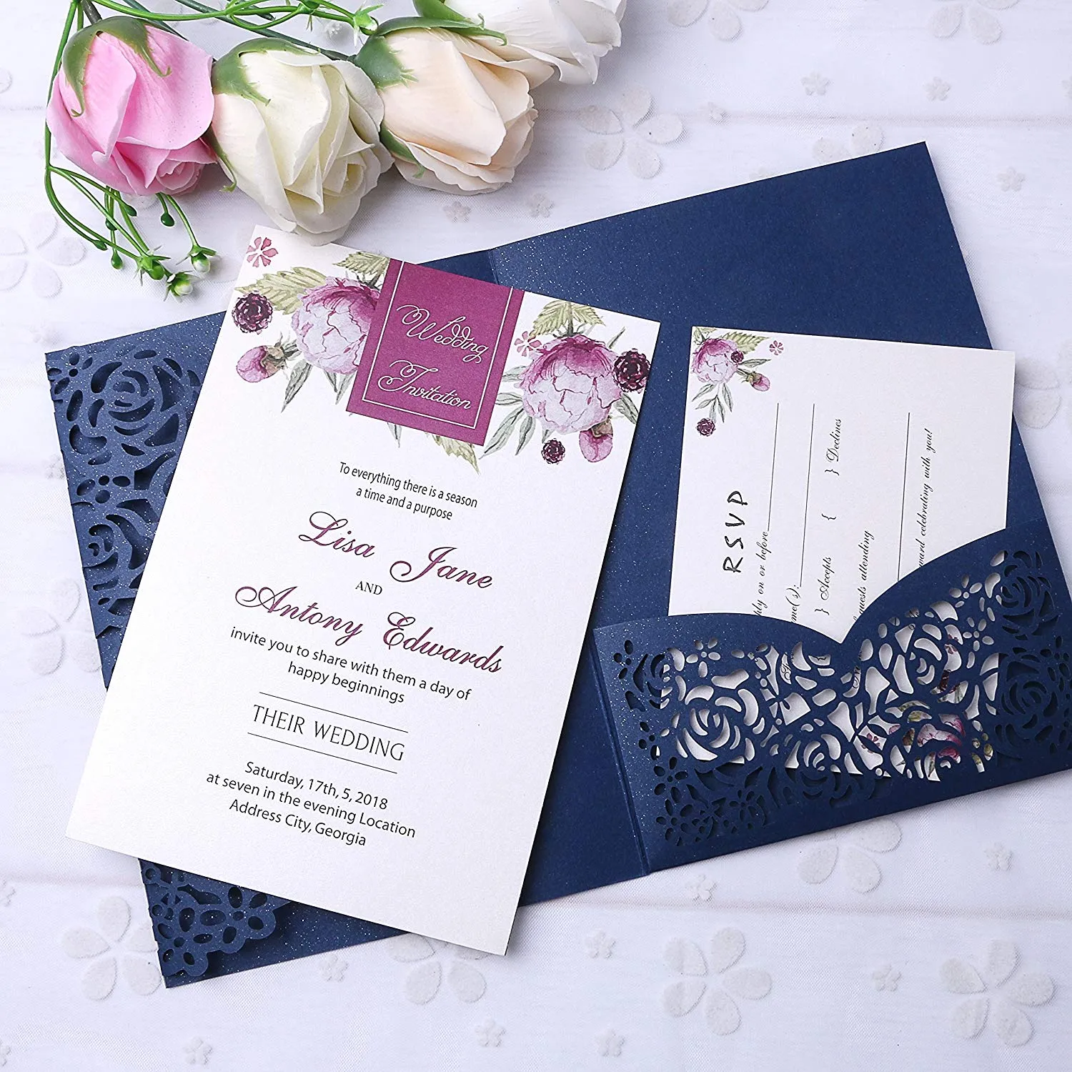 Nuevo estilo 3 pliegues Boda azul marino Tarjetas de invitaciones con cintas de Borgoña para la boda de la ducha nupcial compromiso cumpleaños graduación de la graduación Invitación