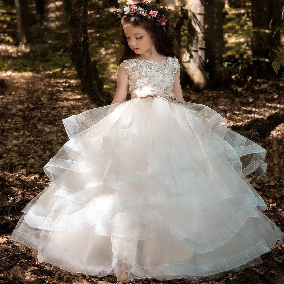 Blumenmädchenkleider für Hochzeiten, transparent, mit Juwelenausschnitt, Spitze, Applikation, großer Bogen, Sweep/Pinsel, Tüll, Geburtstag, Kinder-Festzug-Kleider207I