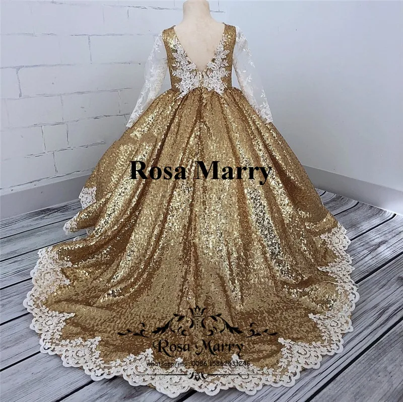 Gold Sequined Ball Gown Girls Pageant Dresses 2020 Vintage Lace Long Sleeves Plus Size Cheap Toddlers Kids Cupcake Pageant Dresses for Teens