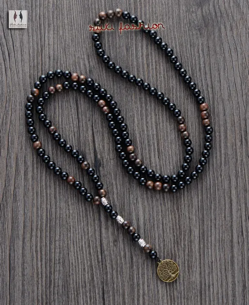 Men Necklace Quality 6MM Black Agate Wood  with Tree Pendant Mens Rosary Necklace Wooden  Mens jewelry