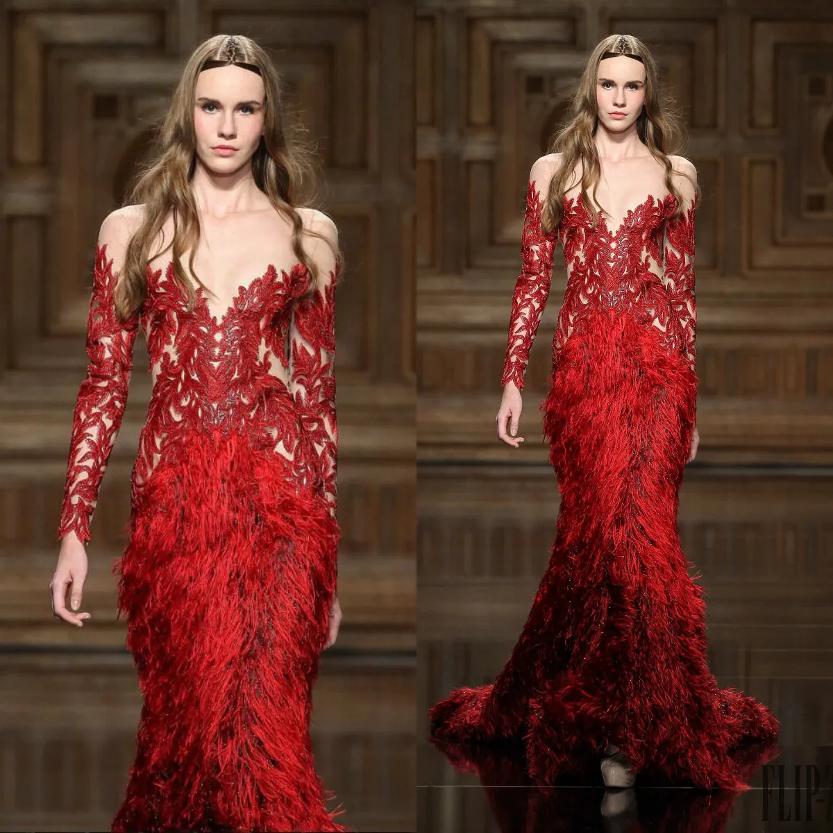 Zuhair Murad Evening Dresses Red Lace Appliques Feathers Beaded Jewel Neck Long Sleeve Mermaid Prom Dress Custom Made Formal Party Gowns