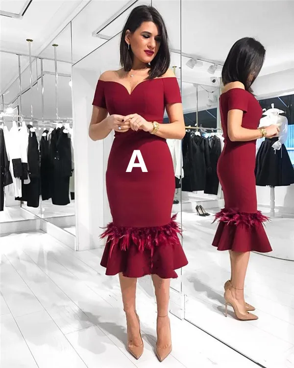 2021 Cocktail Dresses Sheath Off Shoulder Tea Length Feather Elastic