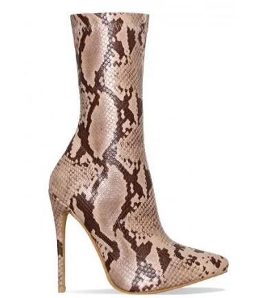 2018 Wiosna Nowe Kobiety Green White Khaki Python Wąż Skin Pideoks Toe Mid-Calf Zipper Side Stiletto Heel Sexy Krótkie buty Lady Bootie