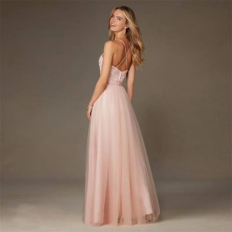 Long Blush Pink Bridesmaid Dresses for Weddings 2018 Sexy Spaghetti Strap Crisscross Back Tulle Appliques Party Dress