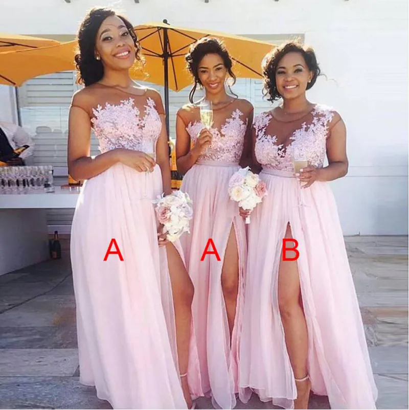 Charming Scoop Neckline Long Bridesmaid Dresses Appliques Chiffon Floor Length Style Beach Wedding Prom Dress Side Split Bridal Party Gowns