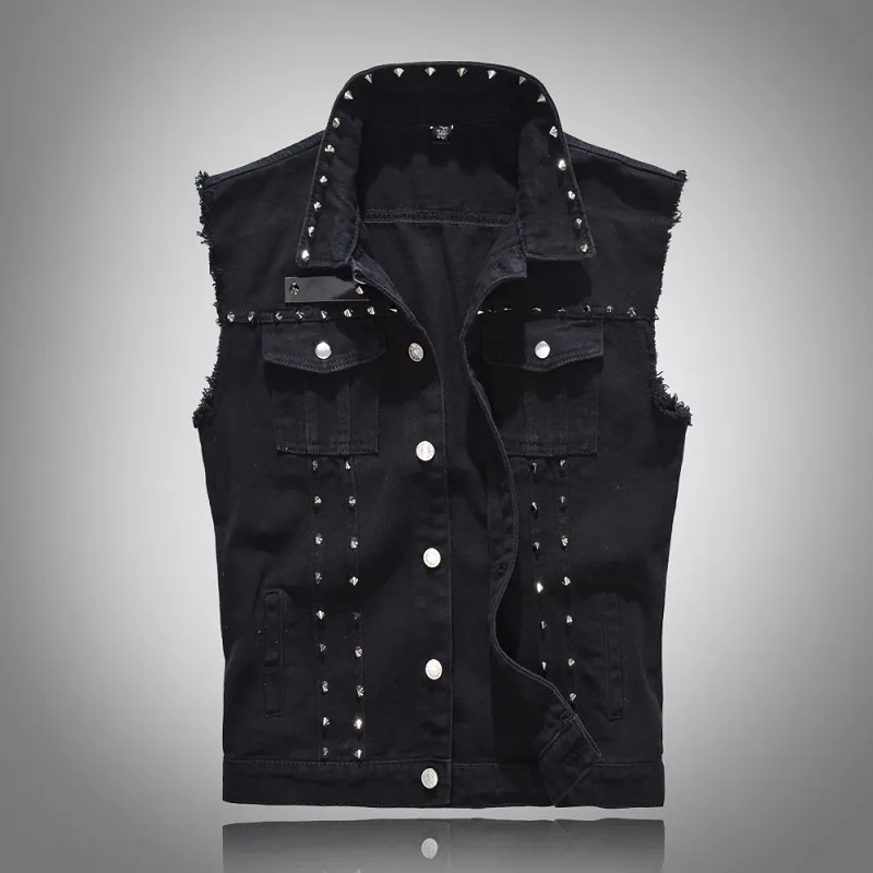 Gilet da uomo nero Cool Rivet Gilet Giacche di jeans Senza maniche Coreano Slim Fit Jeans Gilet Hip Hop Top Cappotto Primavera Autunno Cappotti 5XL