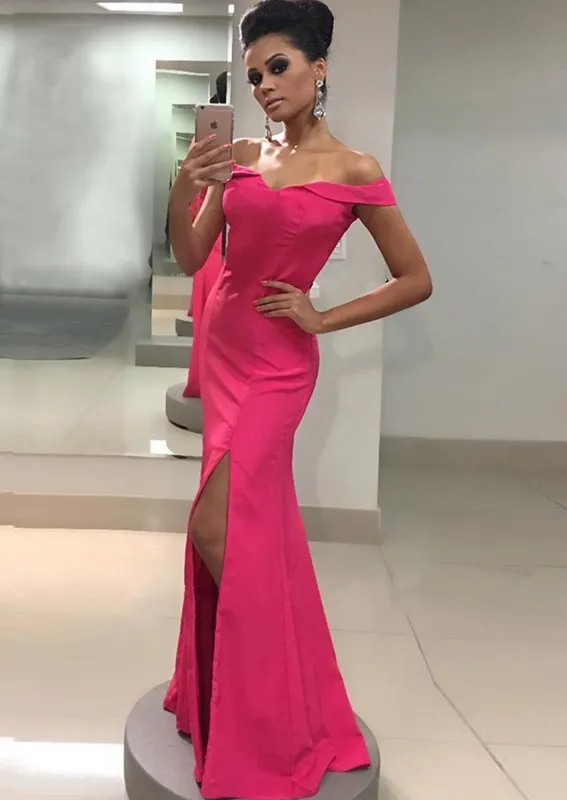 2018 Vestido De Noche Rosado Caliente Vestidos Formales Largos Baratos Fuera Del Hombro Con Mangas Lateral De Fiesta De Simple Para Mujeres Niñas De 66,13 € DHgate